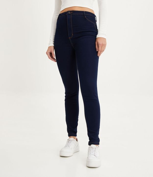 Calça Skinny Cintura Alta em Jeans com Pespontos Contrastantes Preto 2