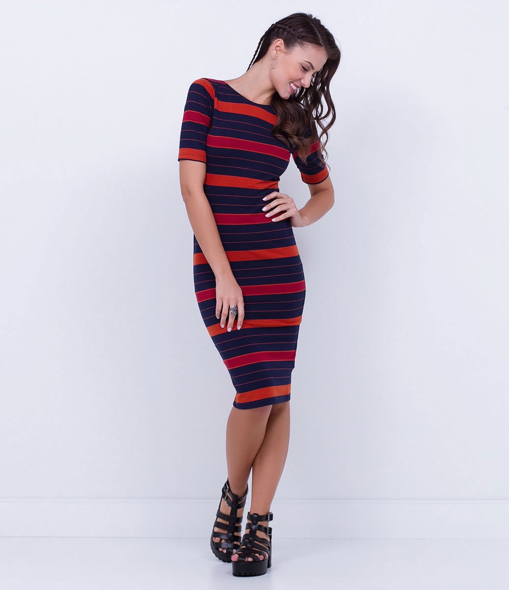 Vestido Midi Tubinho Listrado Vermelho 1