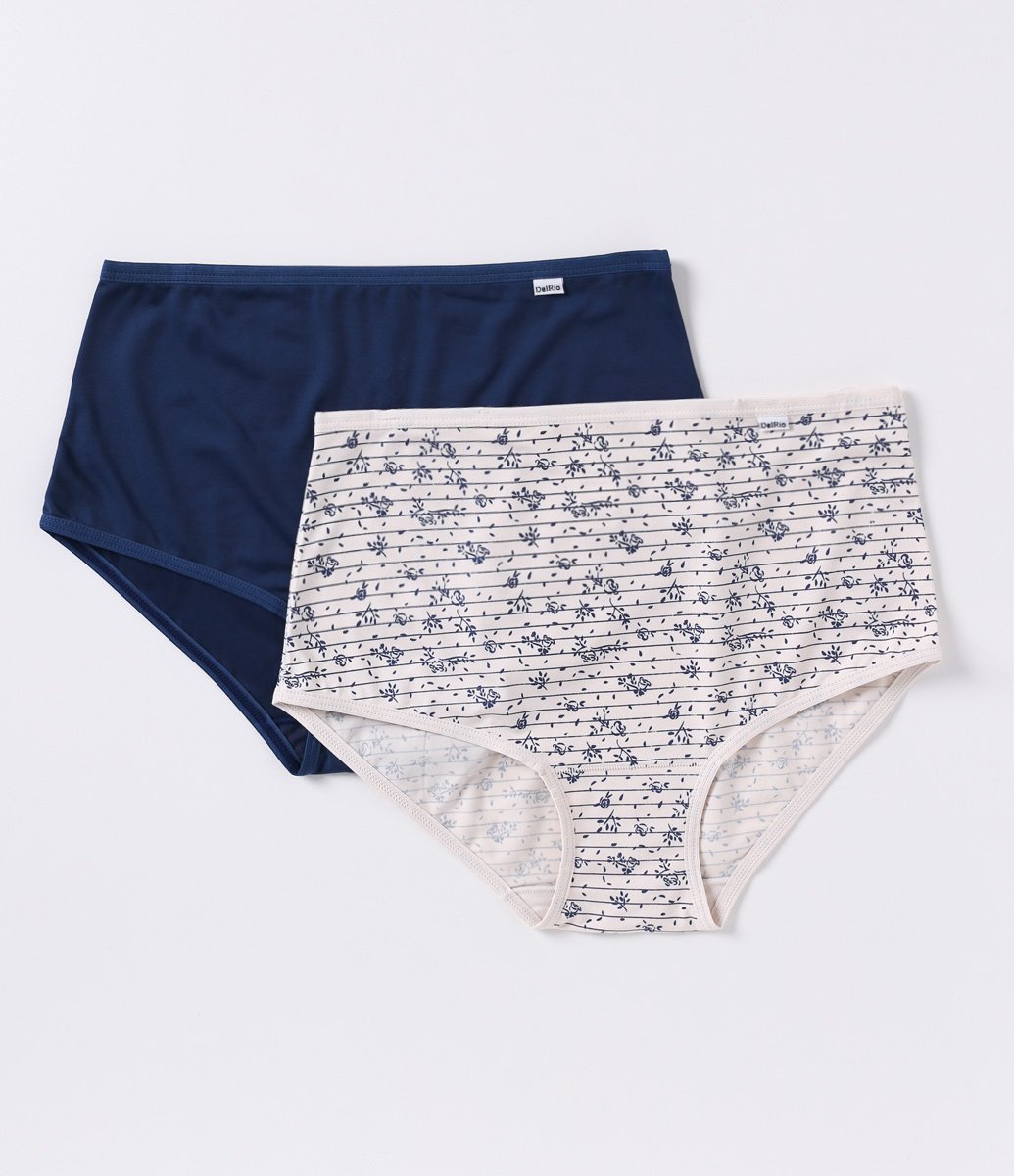 Kit 02 Calcinhas Altas em Microfibra Lisa e Estampada Floral DelRio Azul/ Off White 1