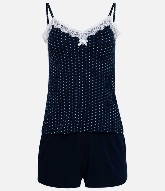 Pijama Short Doll em Poá com Detalhe em Renda Azul 1