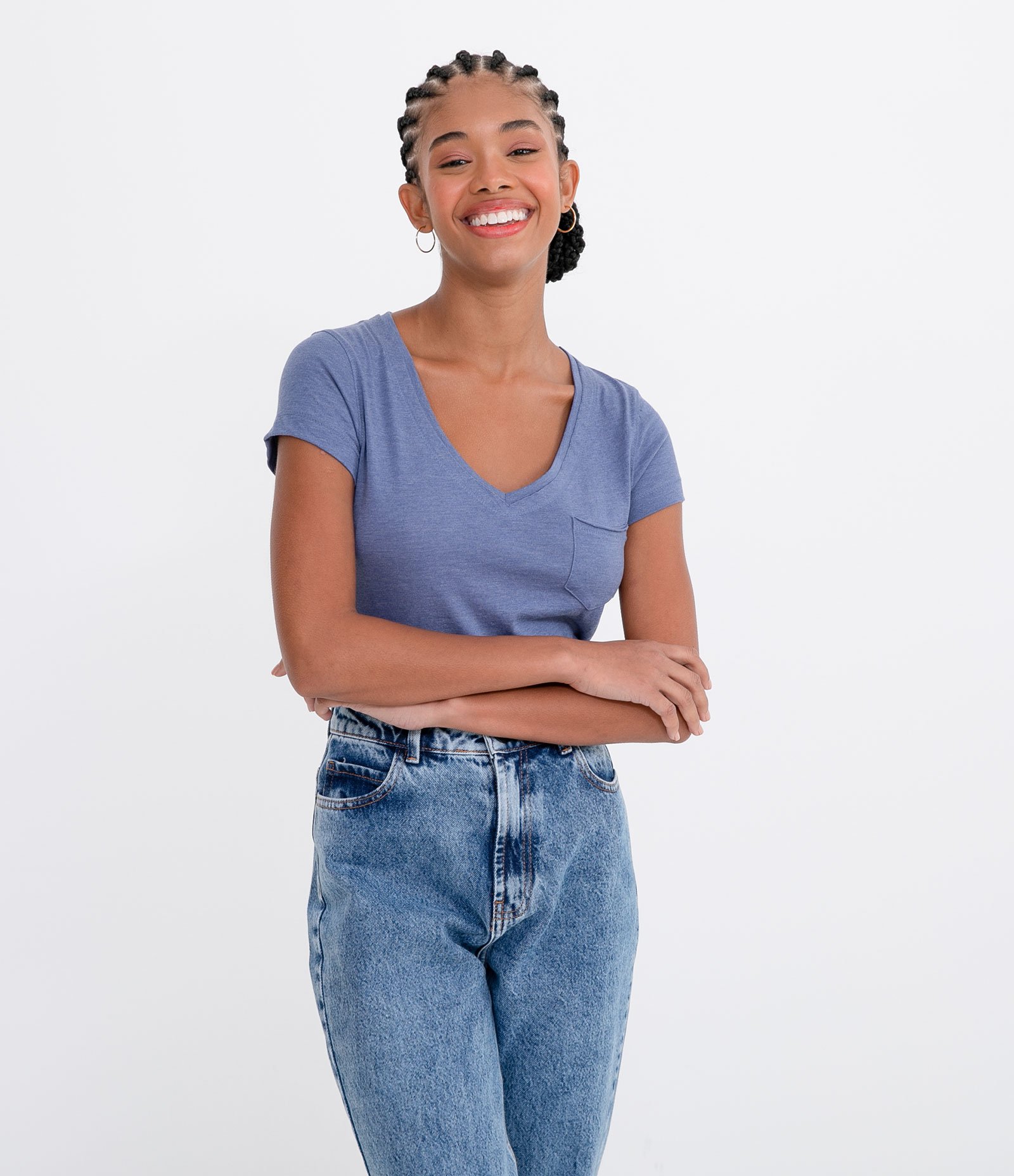 Blusa Básica em Algodão com Manga Curta e Bolsinho Bijou Blue 1