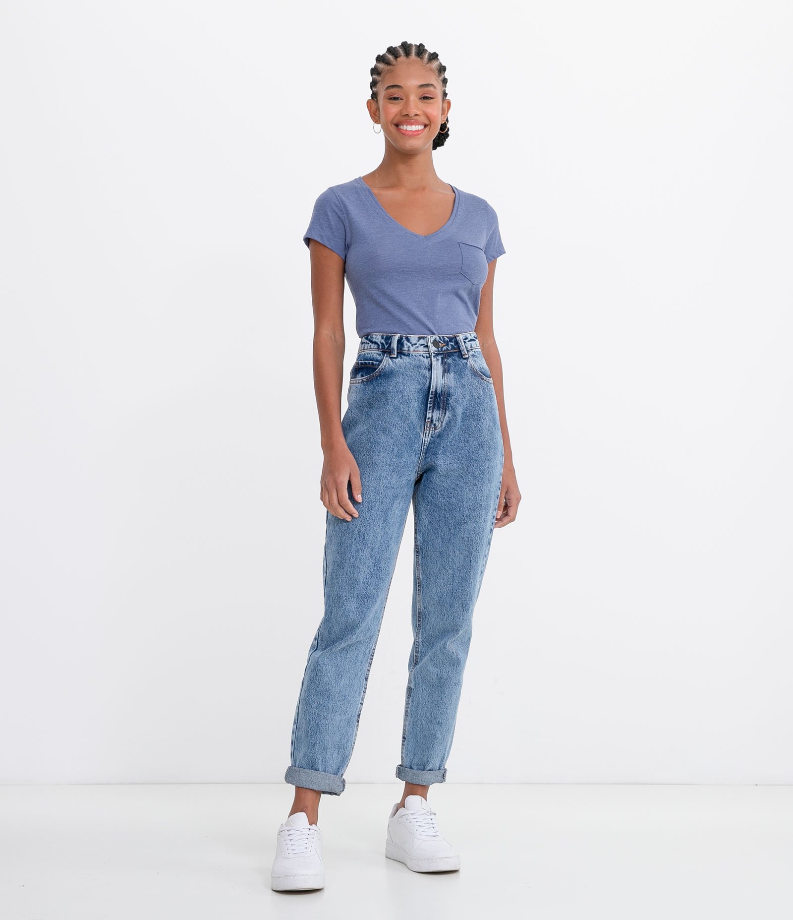 Blusa Básica em Algodão com Manga Curta e Bolsinho Bijou Blue 4