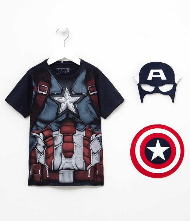 Camiseta Infantil Estampa Corpo do Capitão América com Máscara e Escudo - Tam 4 a 10 anos Azul 1