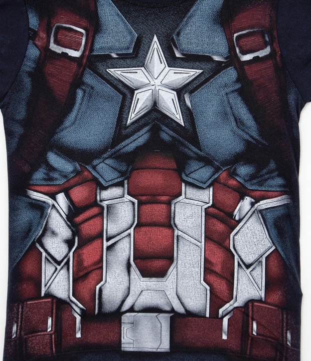 Camiseta Infantil Estampa Corpo do Capitão América com Máscara e Escudo - Tam 4 a 10 anos Azul 4
