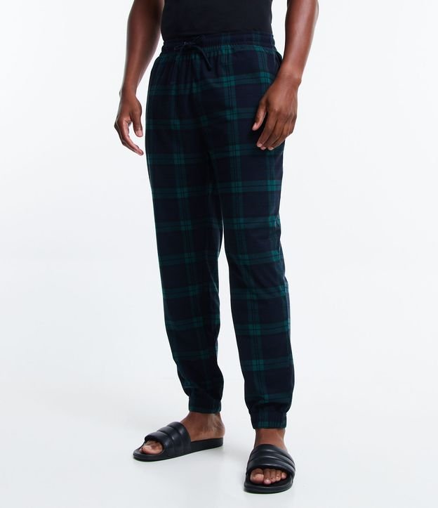 Calça de Pijama com Cós Elástico e Estampa Xadrez Azul 2