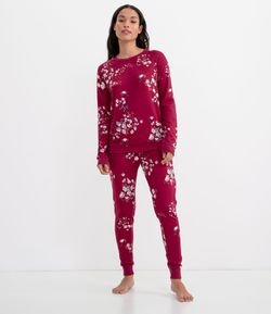 Pijama Manga Longa Calça Estampa Floral em Malha Tricô