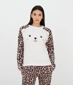 Pijama Fleece Calça Manga Longa Bordado Urso com Orelhas 3D