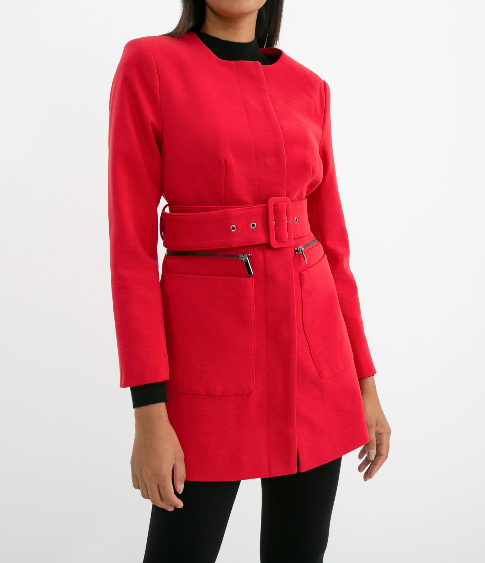 Jaqueta Longa Lisa com Cinto Estruturado e Bolsos em Zíper 3