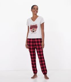 Pijama Manga Curta Estampa Urso com Tapa Olho Calça Xadrez em Viscolycra 