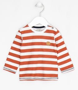 Camiseta Infantil com Listras e Bordado Leãozinho - Tam 0 a 18 meses