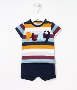 Conjunto Infantil Camiseta Listrada com Bordado e Bermuda Saruel - Tam 0 a 18 meses
