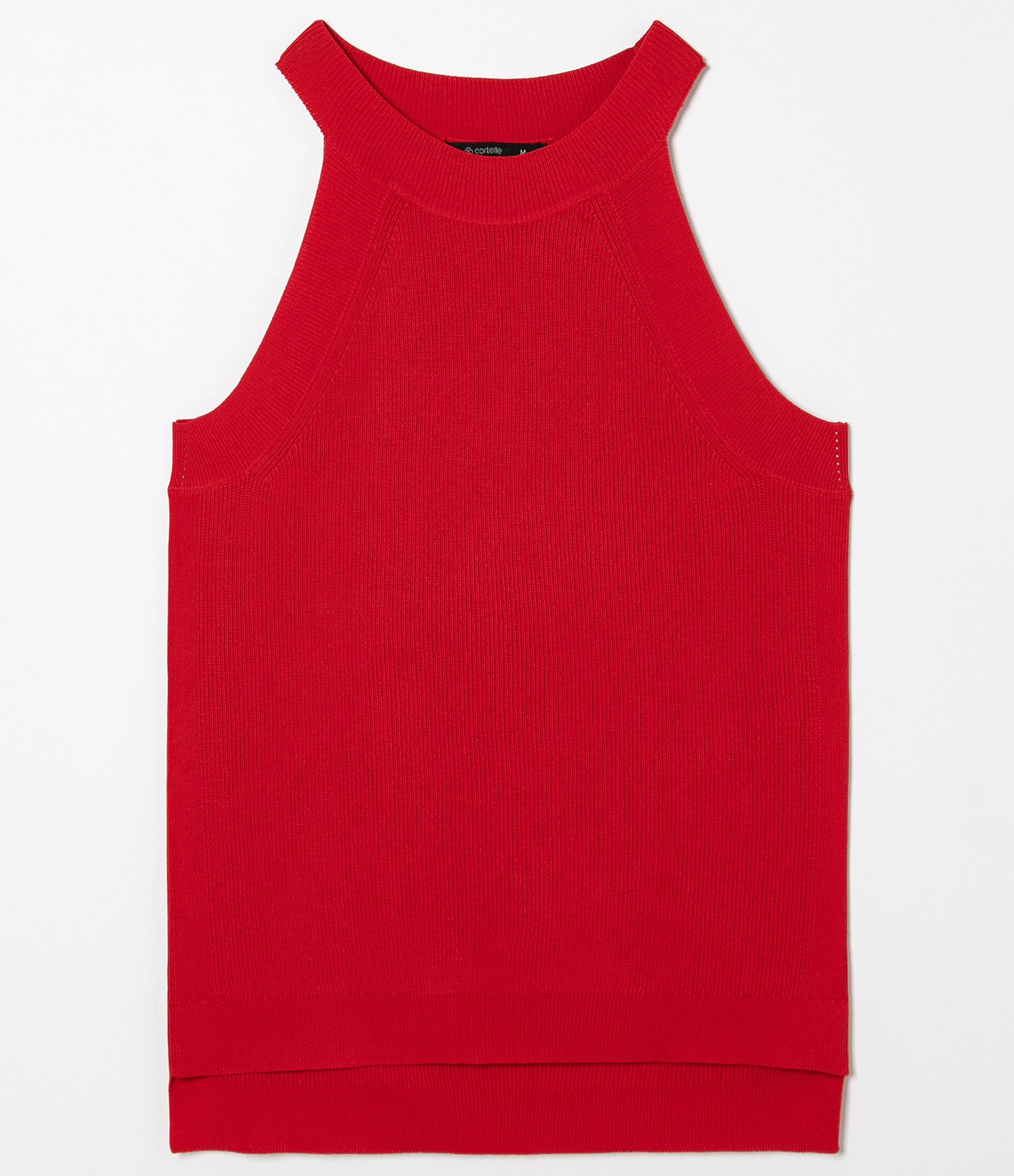 Blusa Regata em Tricô Canelada com Gola Halter e Barra Mullet Vermelho 1