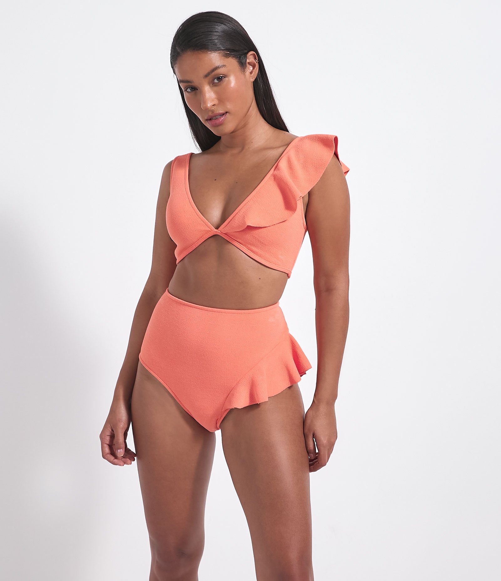 Biquíni Top Cropped Decote V Texturizado com Babado e Bojo Laranja 4