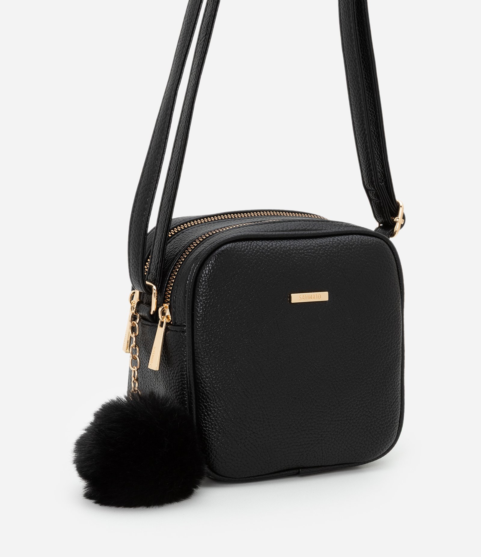 Bolsa Transversal Floater com Pompom Preto 2