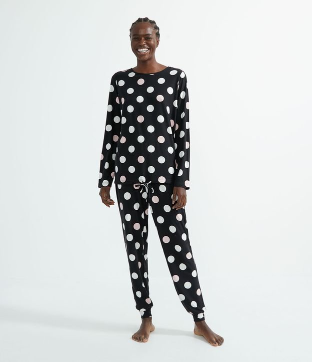 Pijama Remera Manga Larga y Pantalón Estampa Lunares Tacto Suave Negro 1