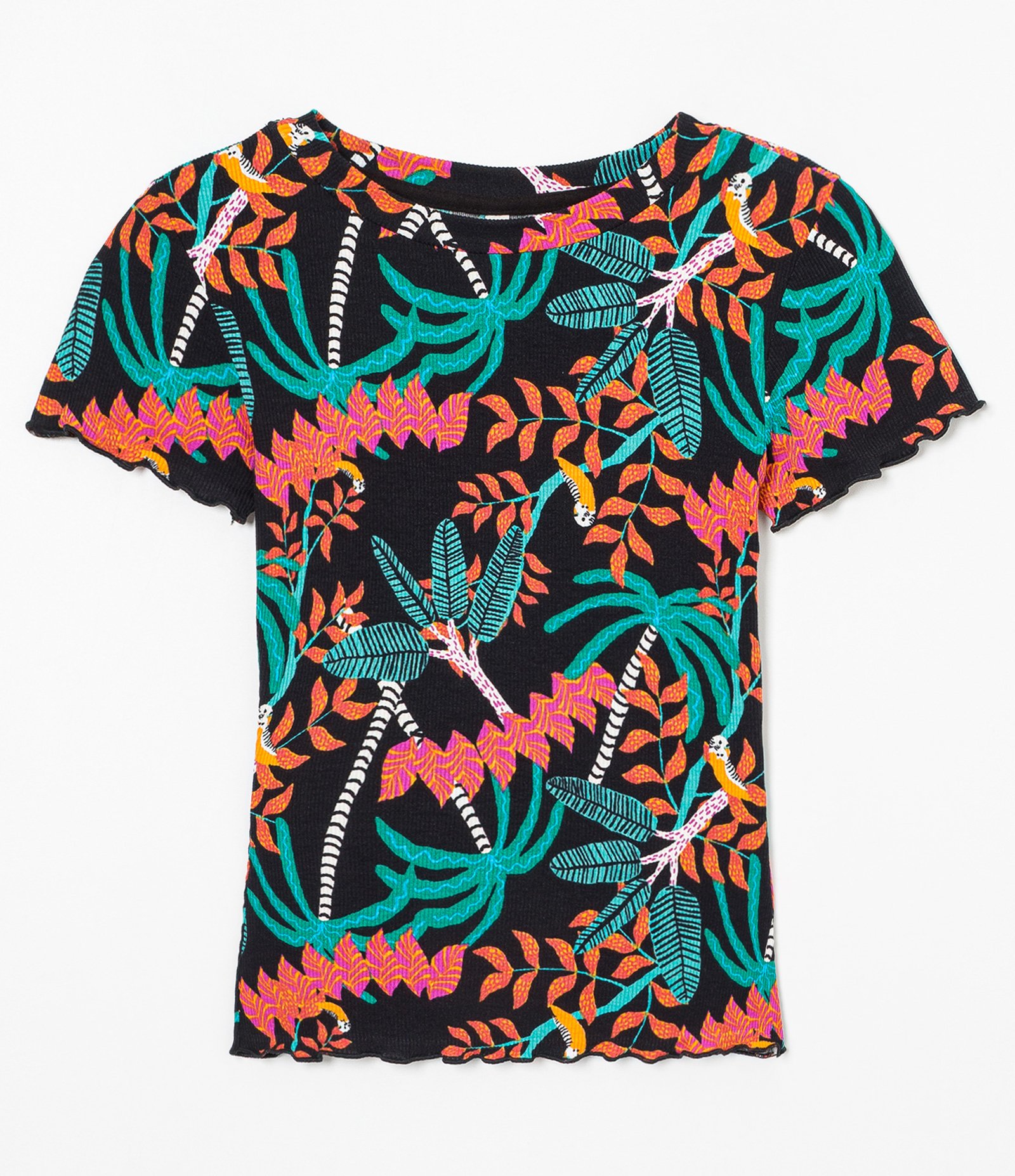 Blusa Manga Curta em Ribana Estampa Folhagens Tropicais 1