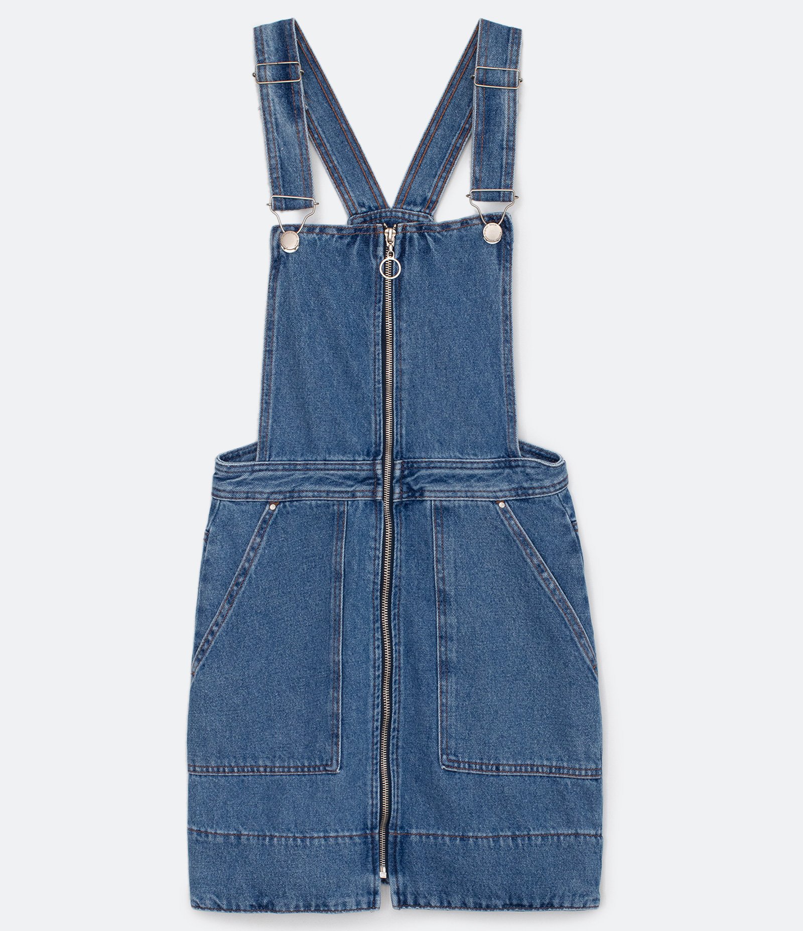 Vestido Salopete Jeans com Bolsos Retangulares e Fechamento Frontal em Zíper Azul 7