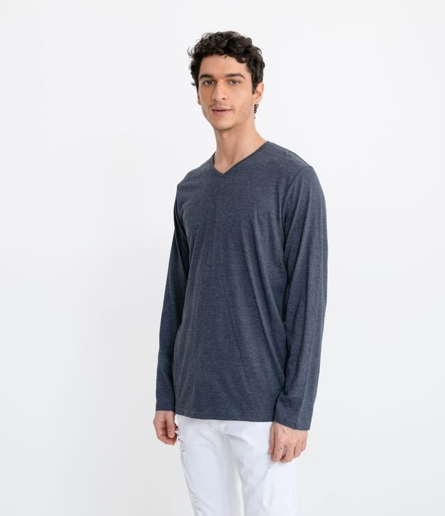 Remera Manga Larga en Algodón con Cuello V Azul 1