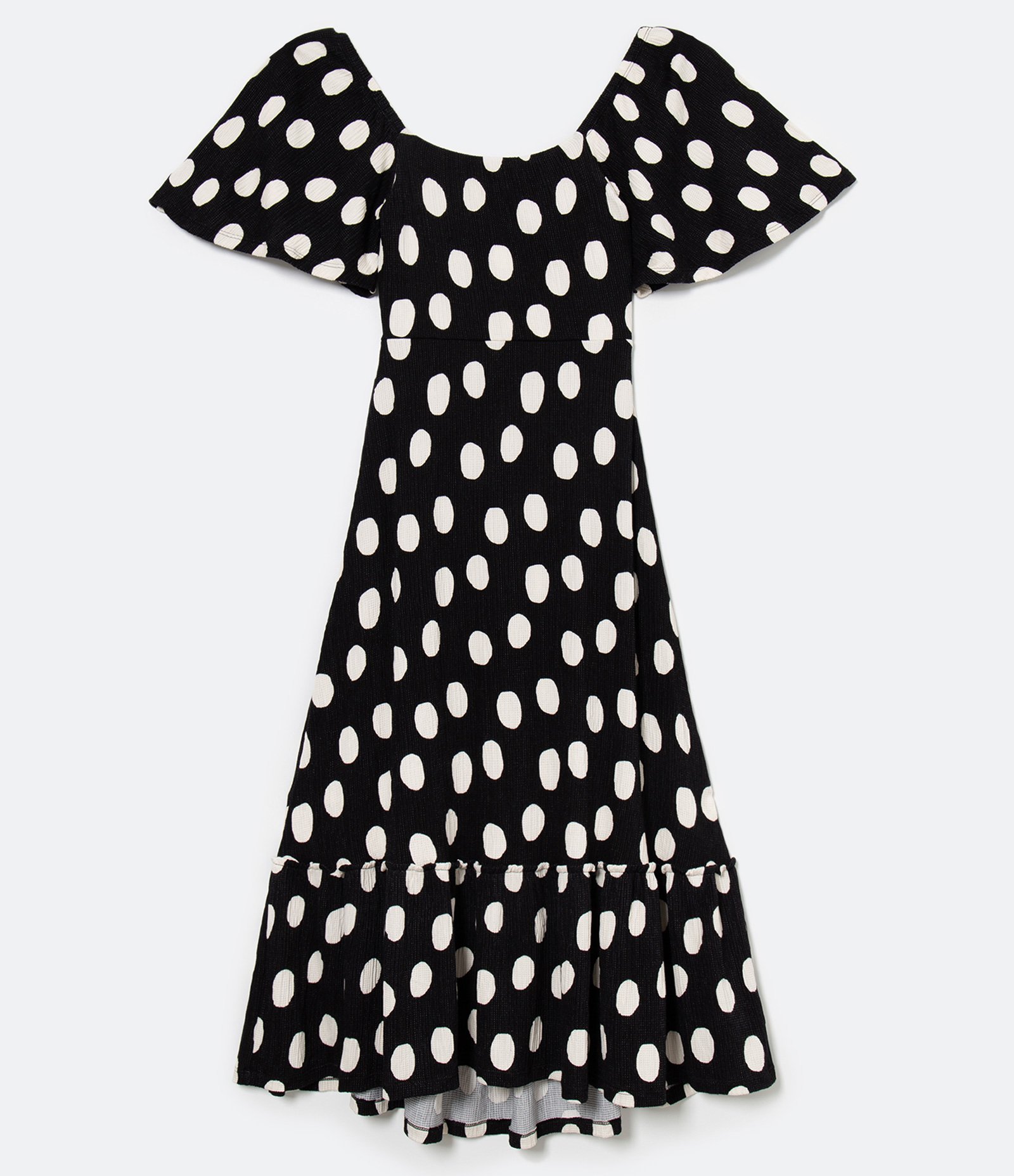 Vestido Midi em Viscose Estampa Poá com Babado na Barra Preto 7