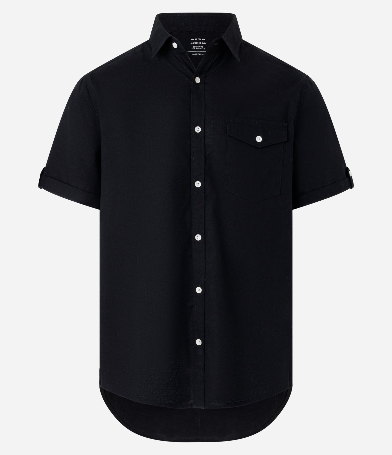 Camisa Comfort em Linho com Bolso e Dobra na Manga Preto 5