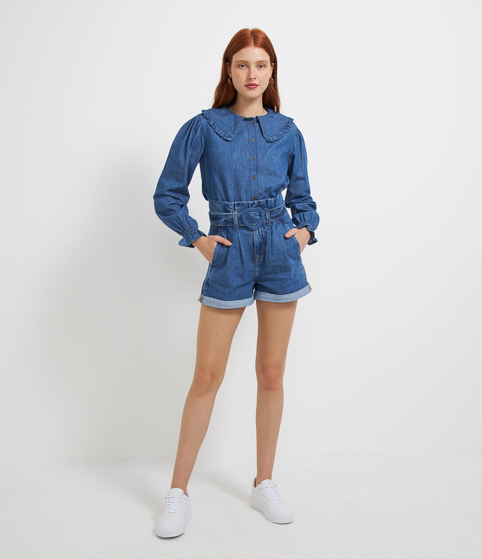 Short Clochard Jeans com Barra Dobrada e Cinto de Fivela Forrada Azul 4