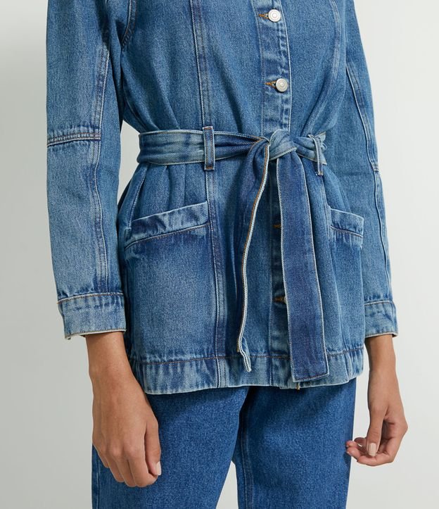Chaqueta Alargada Jean con Cinturón y Bolsillos Azul 5