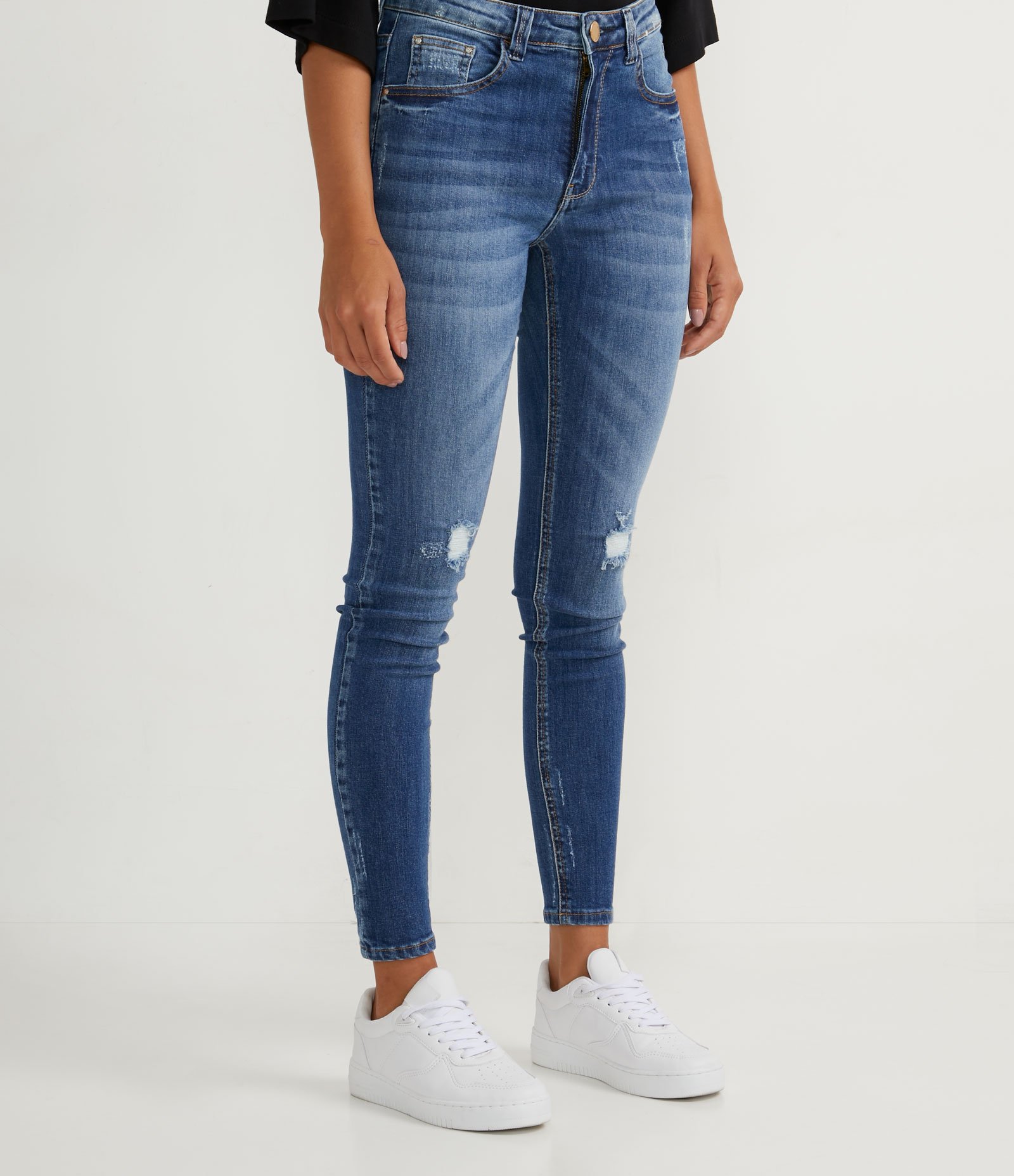 Calça Skinny Jeans com Cintura Alta e Puídos Azul 2