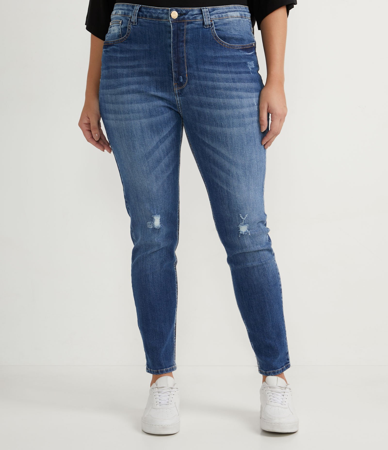 Calça Skinny Jeans com Cintura Alta e Puídos Azul 3