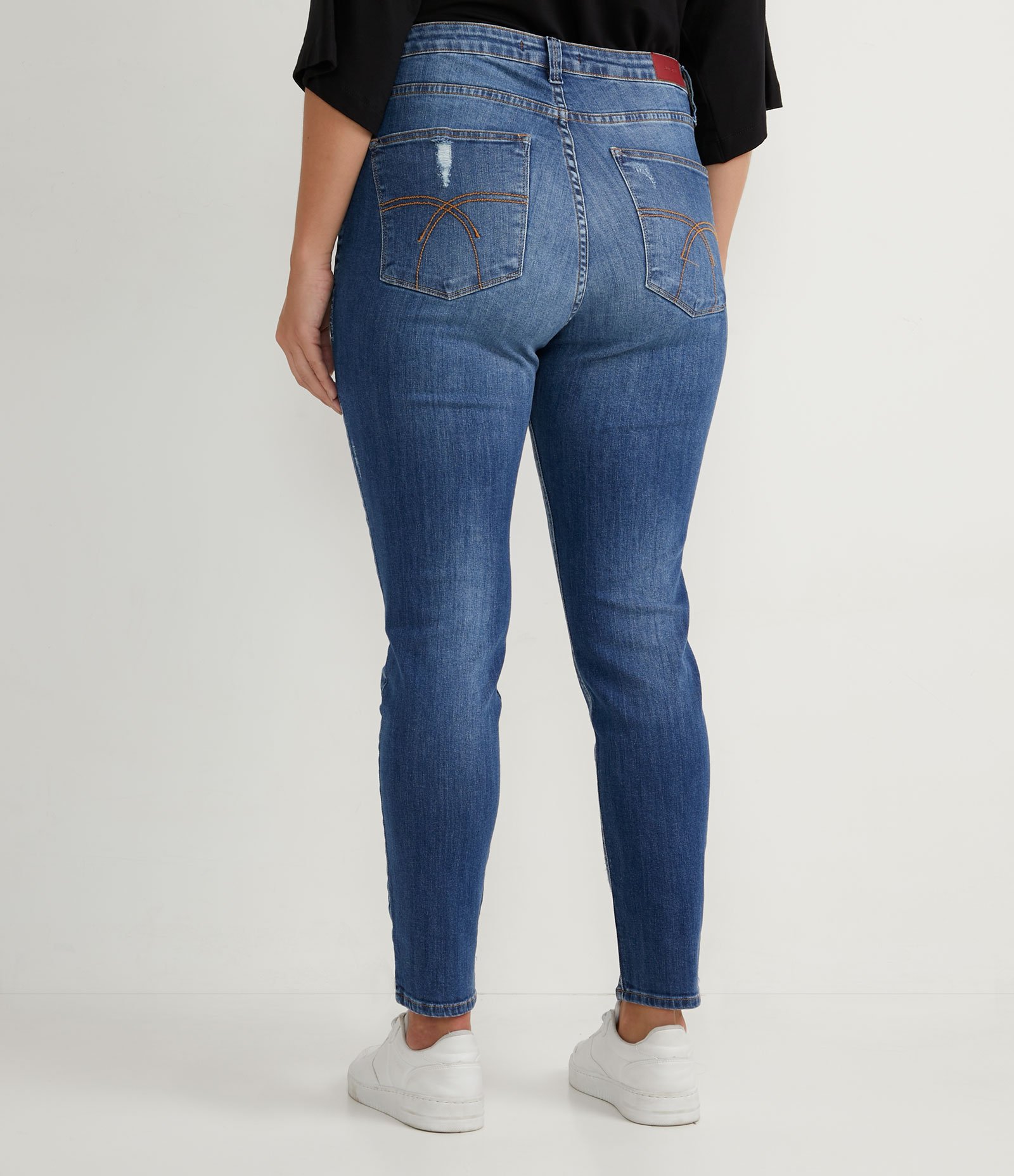 Calça Skinny Jeans com Cintura Alta e Puídos Azul 5