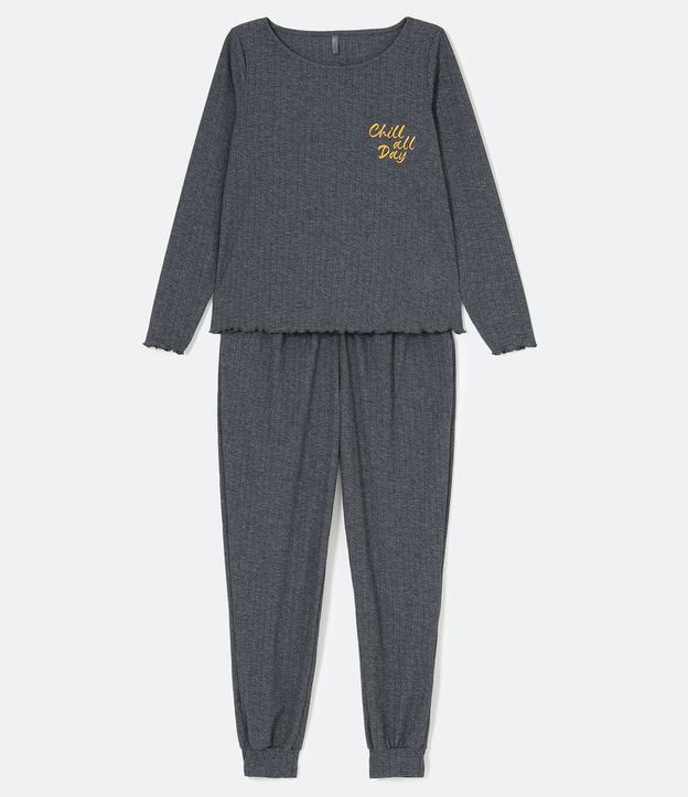 Pijama Largo con Tetura Acanelada Estampado Chill all Day Gris 6