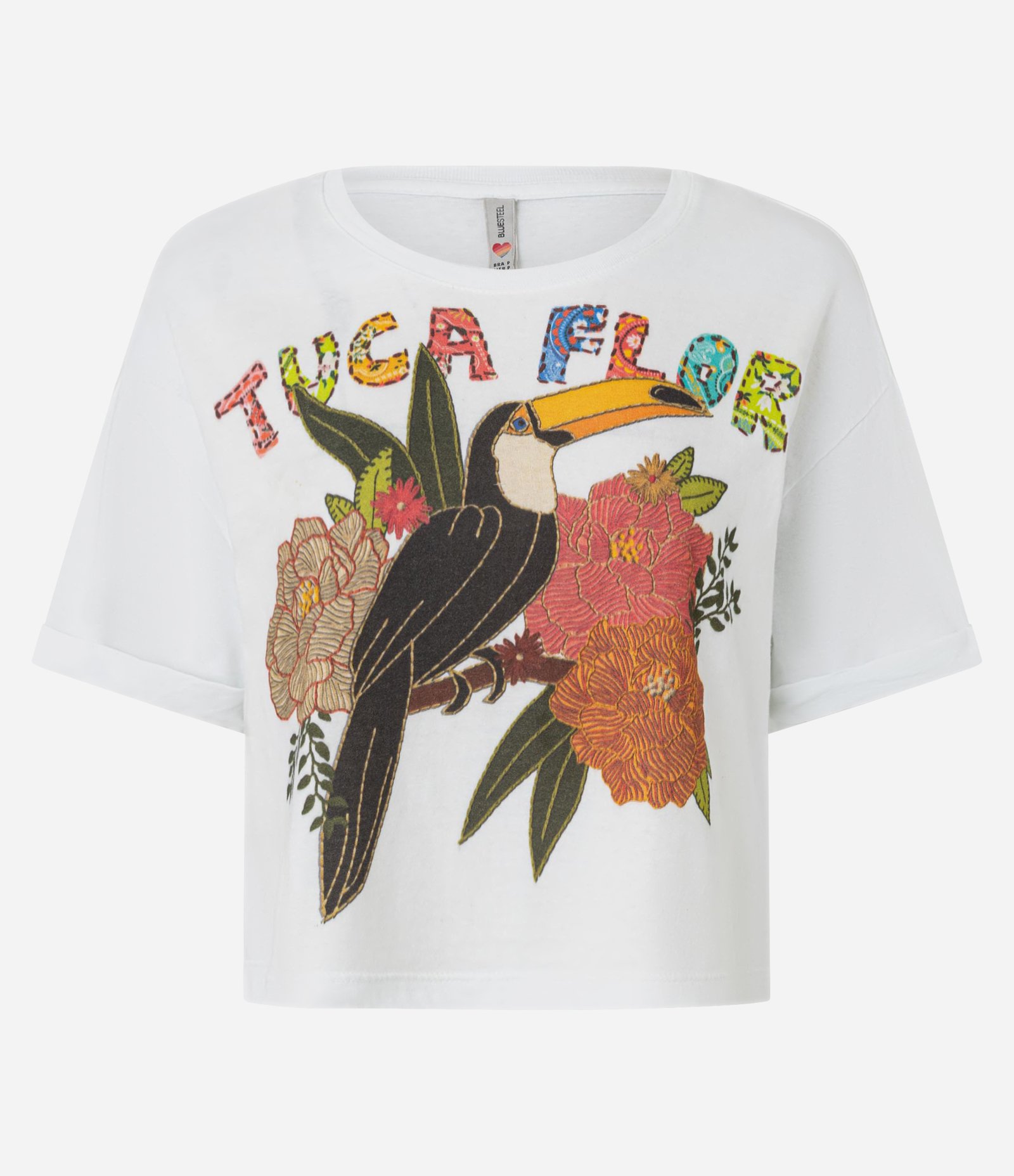 Blusa T-shirt Cropped em Meia Malha Estampa Tuca Flor Branco Neve 1