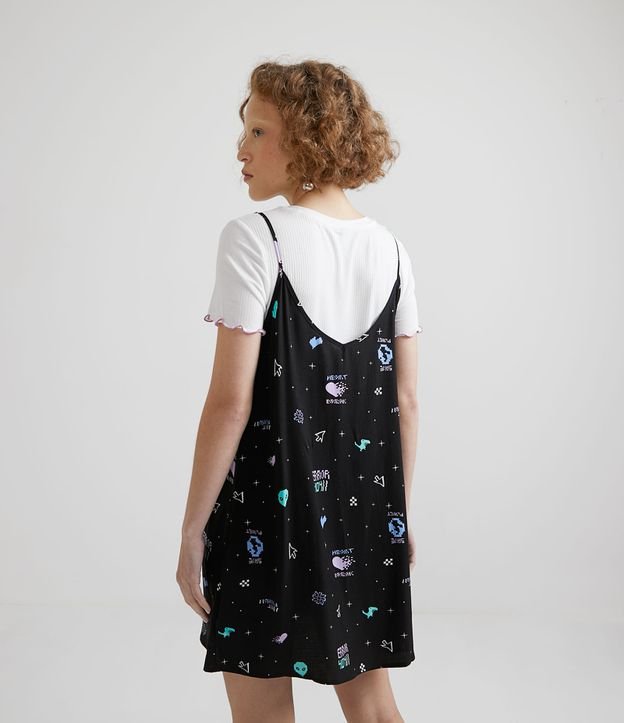 Vestido Corto en Viscosa con Estampado de ET's y Planeta con Blusa Acanalada Negro 2