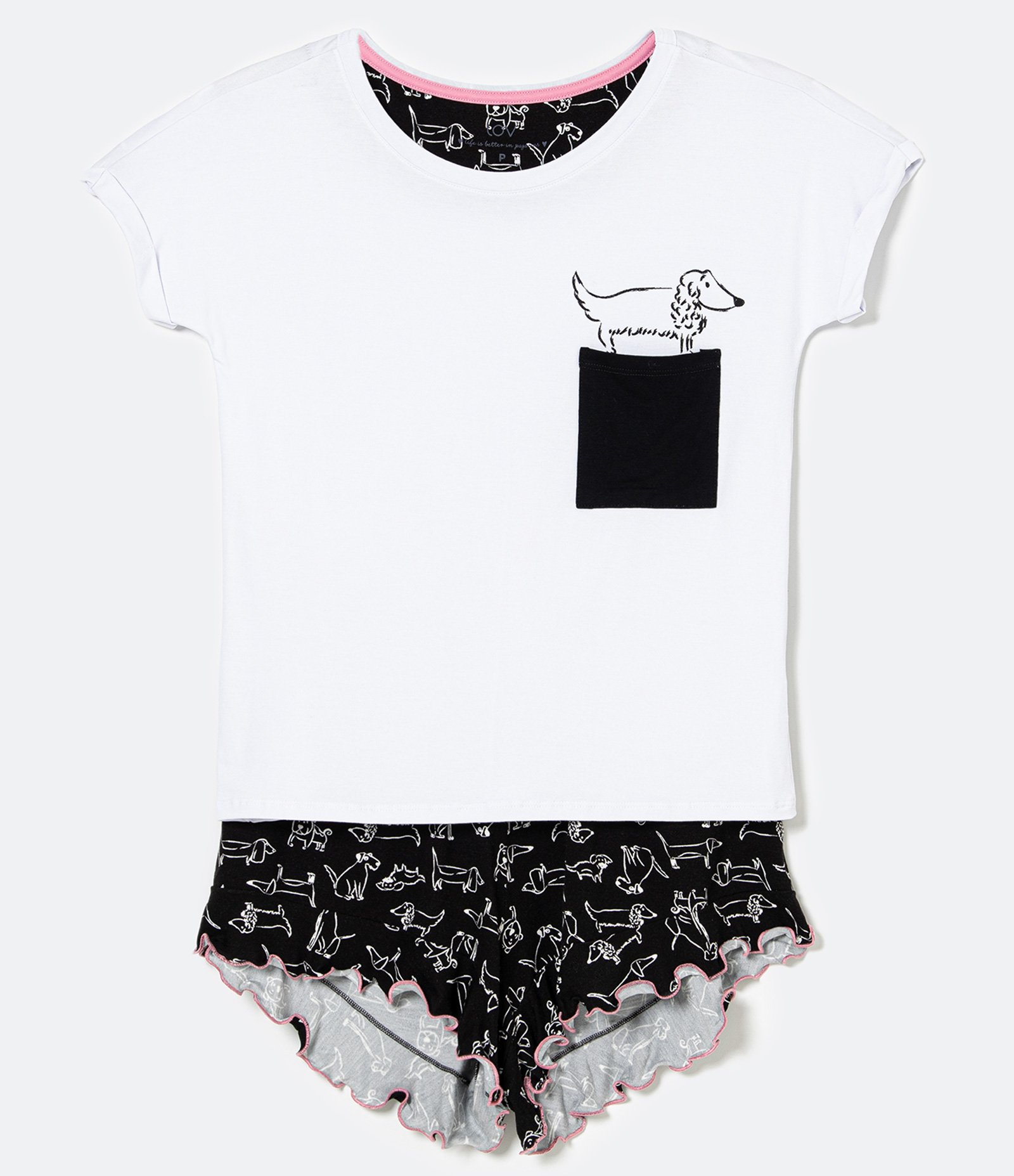 Pijama Curto em Viscolycra com Estampa Dog e Bolsinho Branco 1