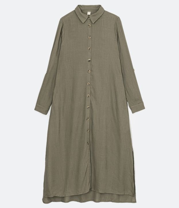 Vestido Chemise Alargado en Viscolino con Botones Contrastantes Verde 6