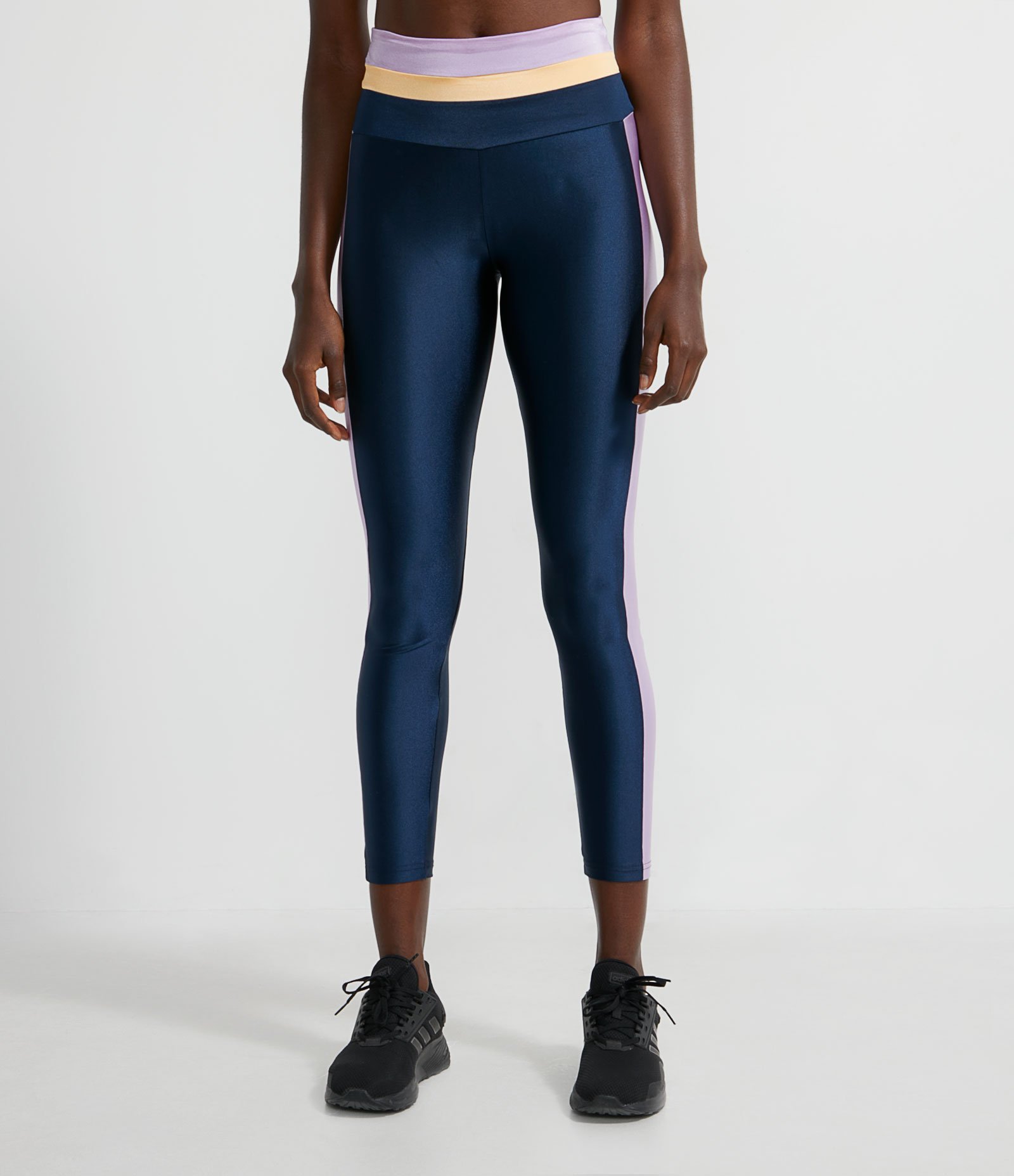 Calça Legging Esportiva em Poliamida com Recortes Contrastantes no Cós e nas Laterais Azul 1