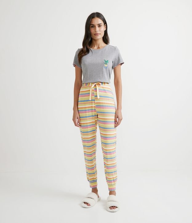 Pijama en Viscolycra con Blusa Manga Corta y Pantalón Estampado de Rayas Gris 1