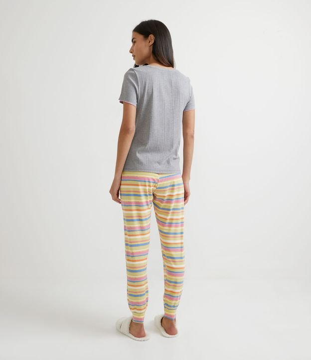 Pijama en Viscolycra con Blusa Manga Corta y Pantalón Estampado de Rayas Gris 2
