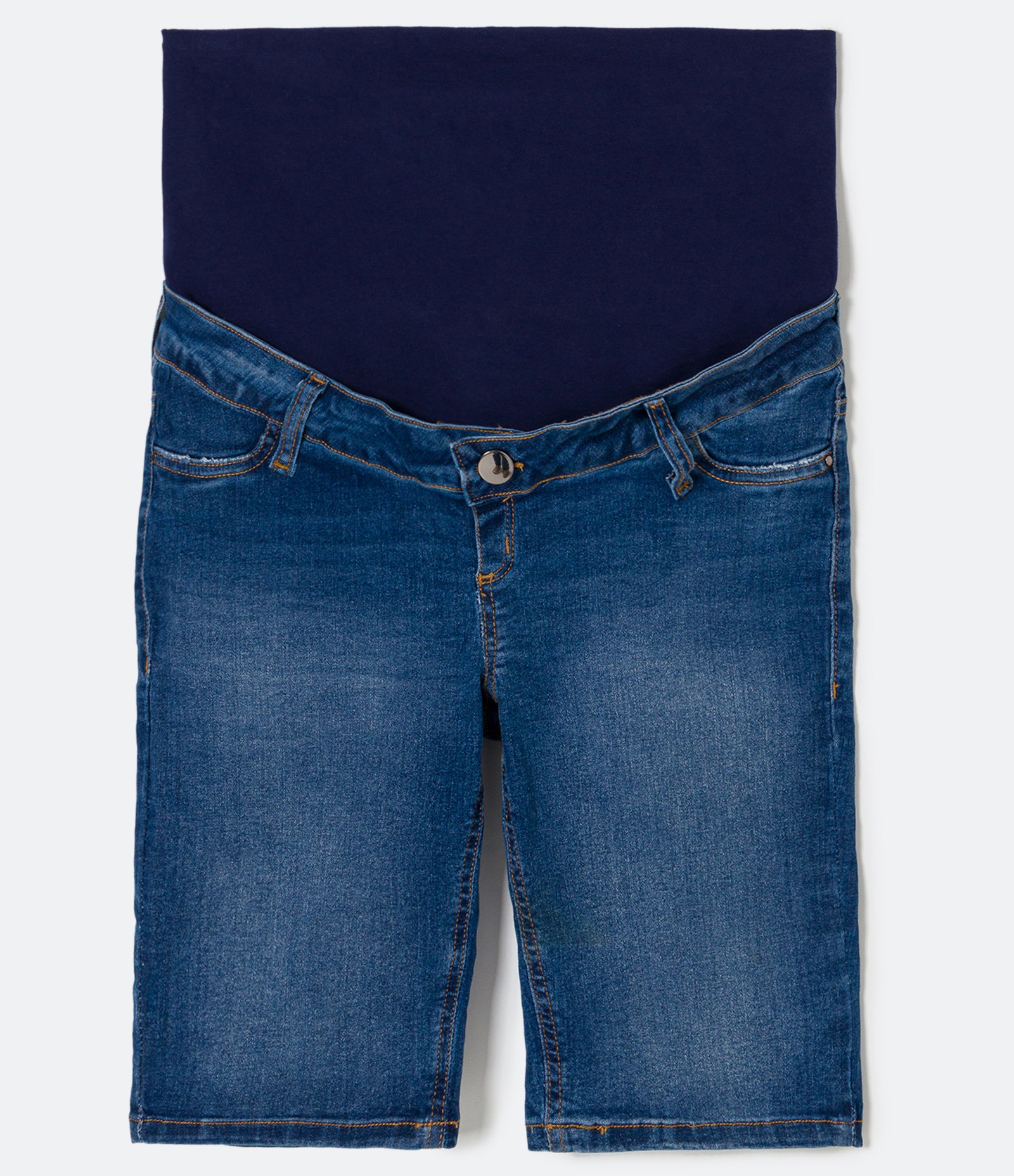 Bermuda Ciclista Jeans Elastano com Barrigueira de Malha Maternity Azul 4