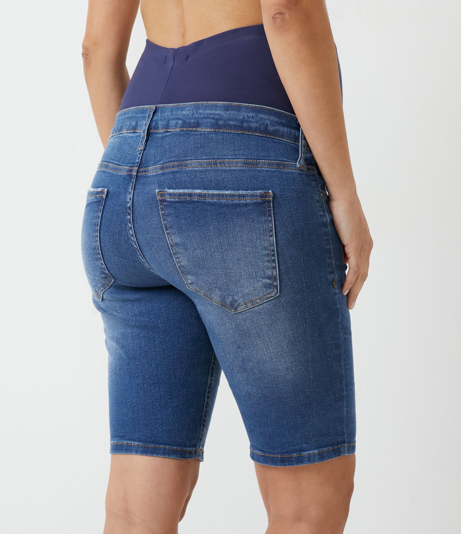 Bermuda Ciclista Jeans Elastano com Barrigueira de Malha Maternity Azul 2