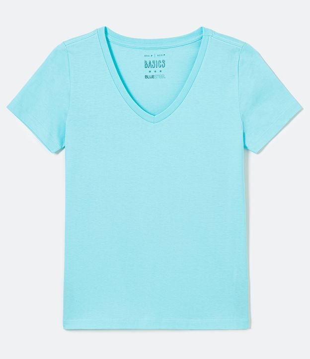 Blusa Básica en Algodón con Escote V y Manga Corta Azul 5