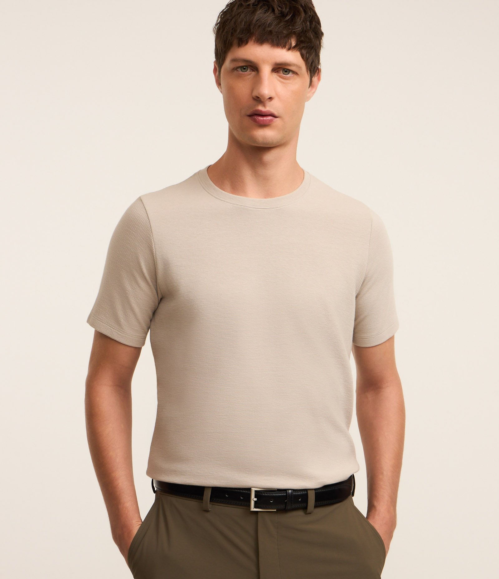 Camiseta Slim em Algodão Peruano com Textura Canelada Bege 1