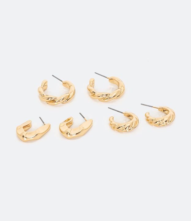 Kit 03 Pares de Pendientes en Metal Mini Argollas Trabajadas Dorado 2