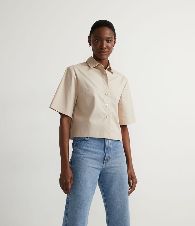 Camisa en Tricolina con Recortes Frontales y Botones Diferenciados Beige 1