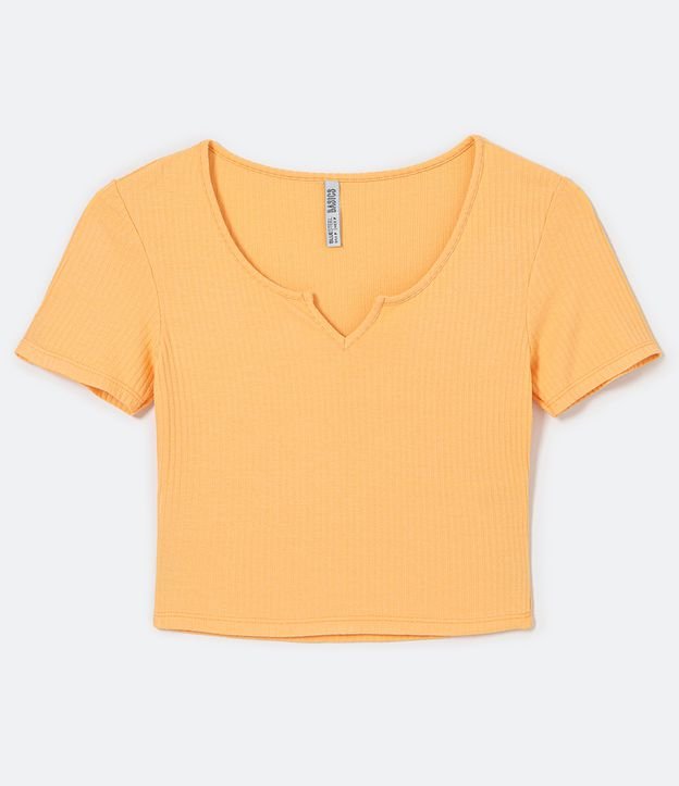 Blusa Cropped Básica en Viscosa Acanalada Escote con Detalle en V y Manga Corta Naranja 4