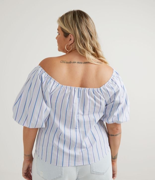 Blusa Manga Curta Bufante Em Tricoline Listrada Curve Plus Size Azul