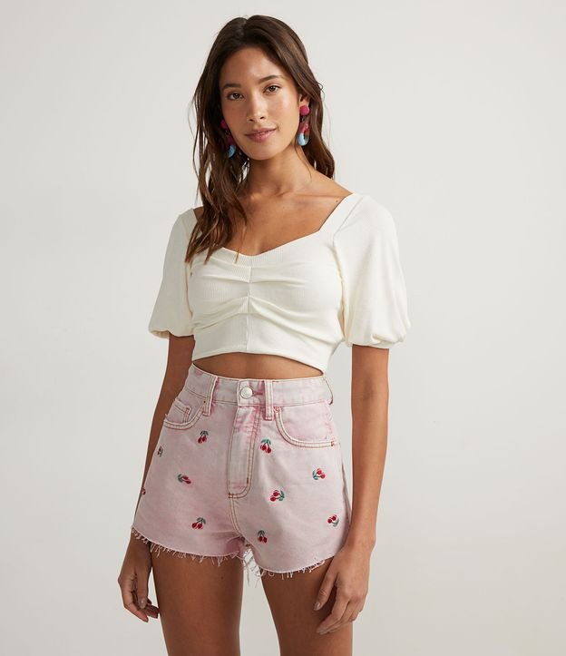 Blusa Cropped Em Ribana Manga Bufante E Pregas Frontais