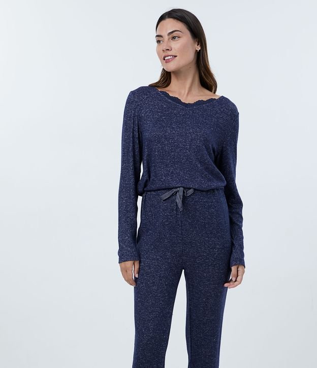 Pijama Largo en Tejido de Punto con Encaje en el Escote Azul 4