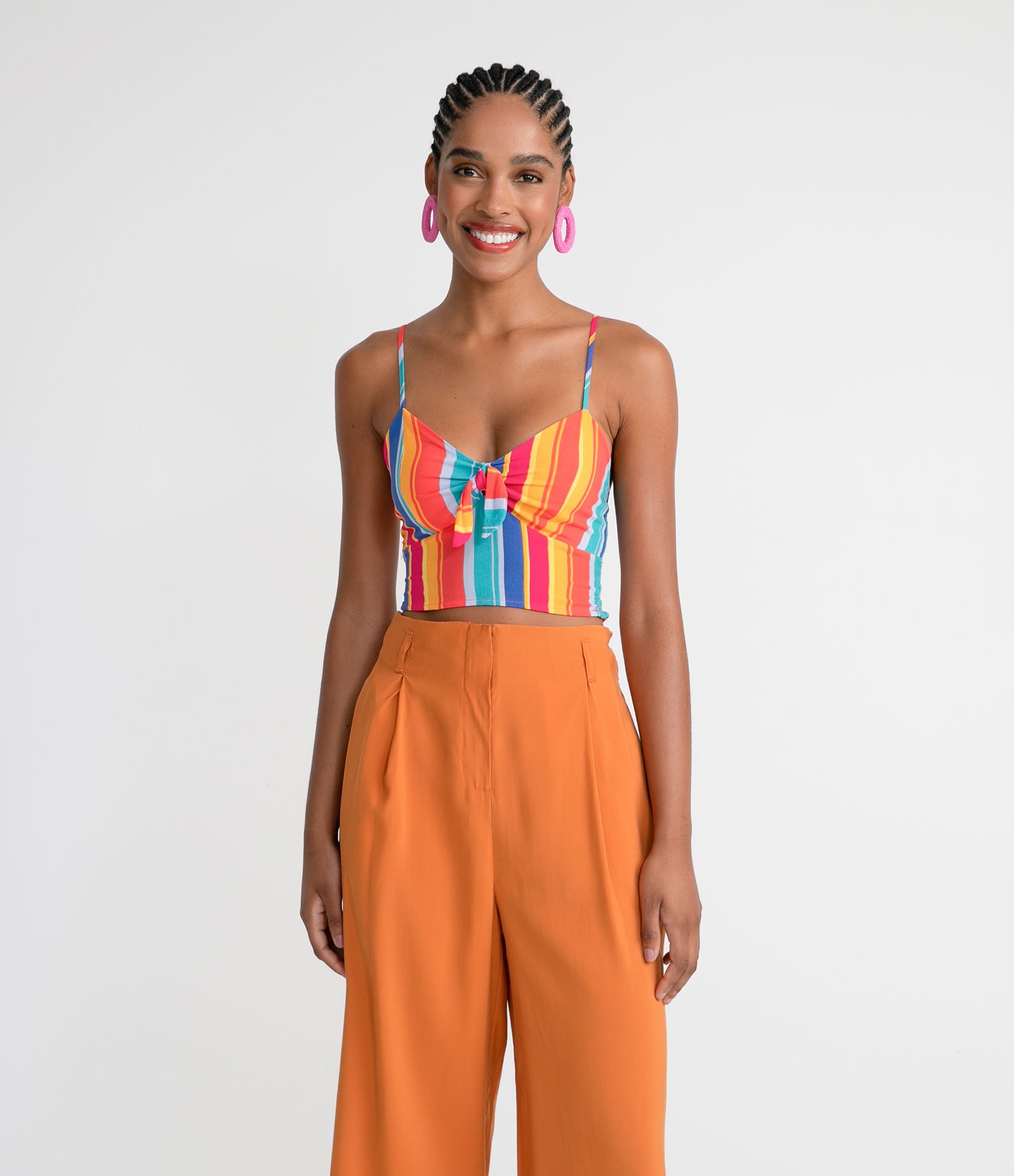 Blusa Super Cropped em Viscose Listrada com Amarração no Decote Multicores 1