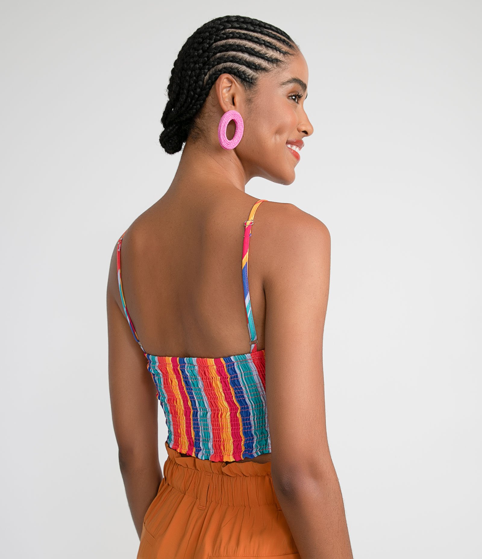 Blusa Super Cropped em Viscose Listrada com Amarração no Decote Multicores 2