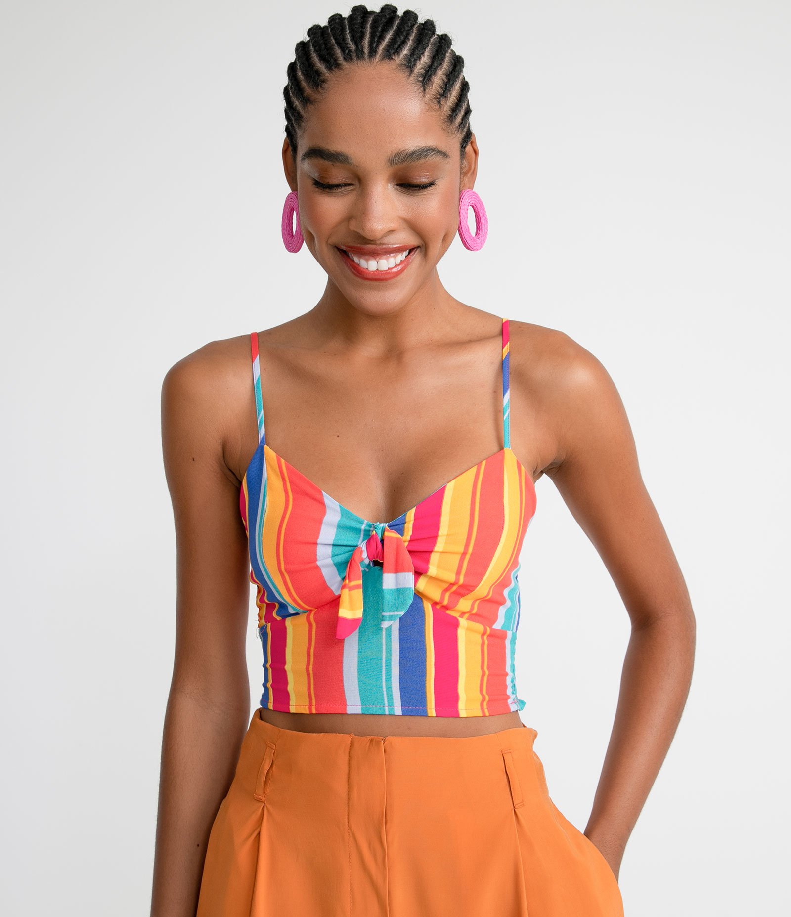 Blusa Super Cropped em Viscose Listrada com Amarração no Decote Multicores 3